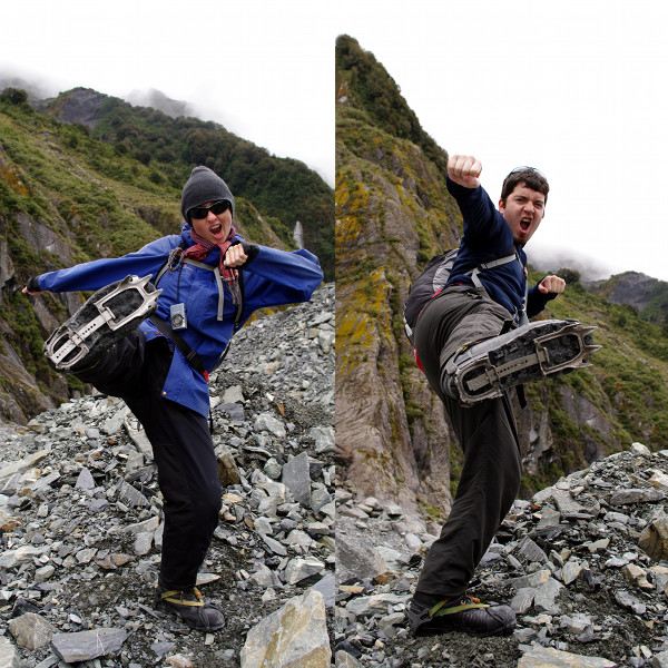 Stephanie and Justin do karate to show off their crampons at Franz Josef Glacier
