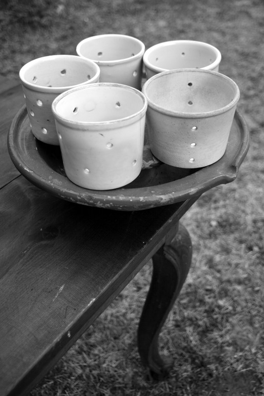 French ceramic cheese molds and bowl for capturing whey