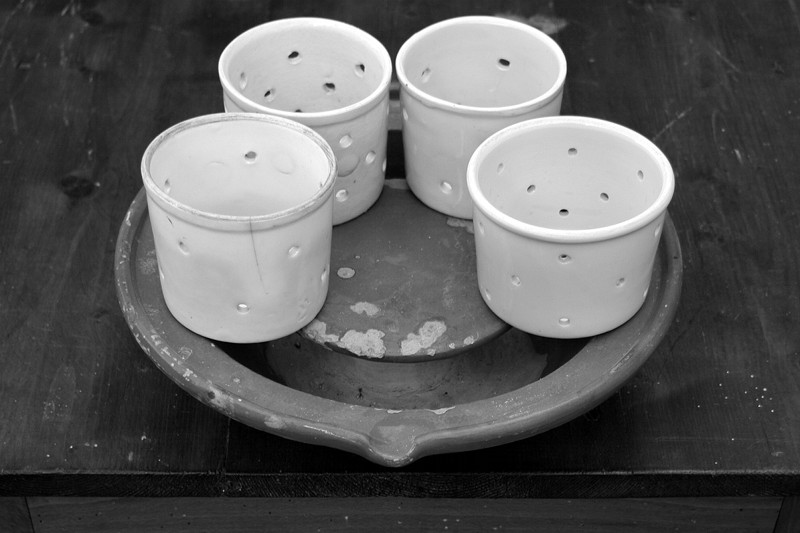 French ceramic cheese molds and bowl for capturing whey