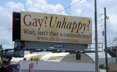 Gay? Unhappy? Wait, isn't that a contradiction? billboard parody