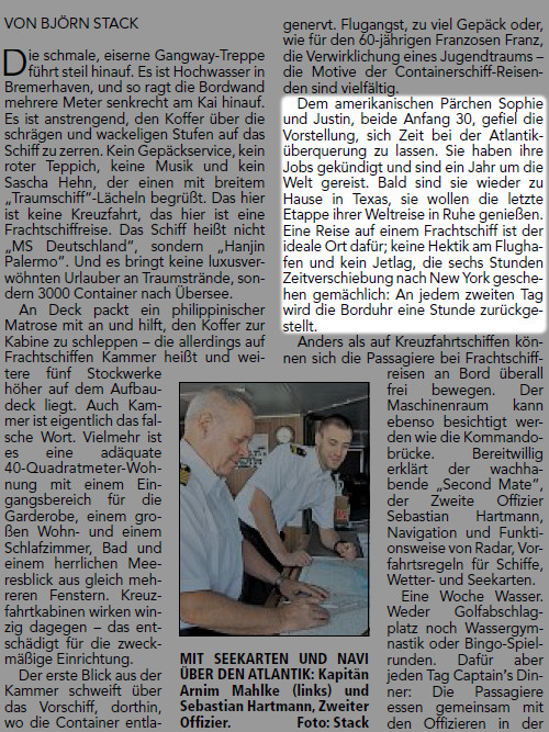Close up of the article, Fahrstuhl fahren auf hoher See in Hanover, Germany's Neue Presse