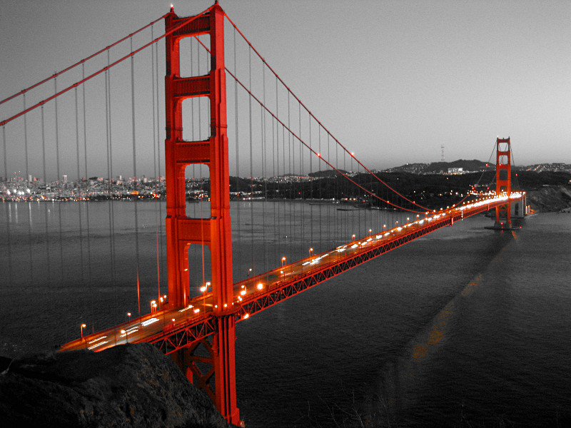 Golden Gate Bridge color-accented from Battery Point at dusk
