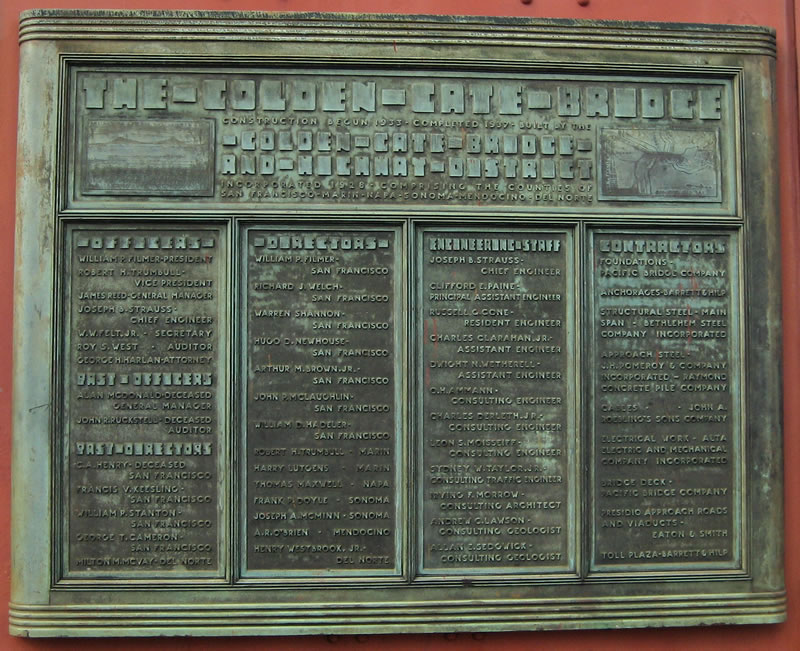 bronze plaque on the South Tower of the Golden Gate Bridge