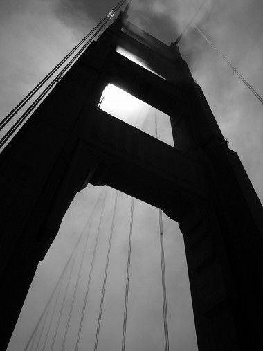 Black and white shot of the south tower of the Golden Gate Bridge