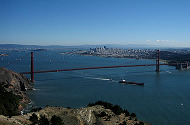 Golden Gate Bridge with container ship