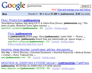 Google search for 'justinsomnia'