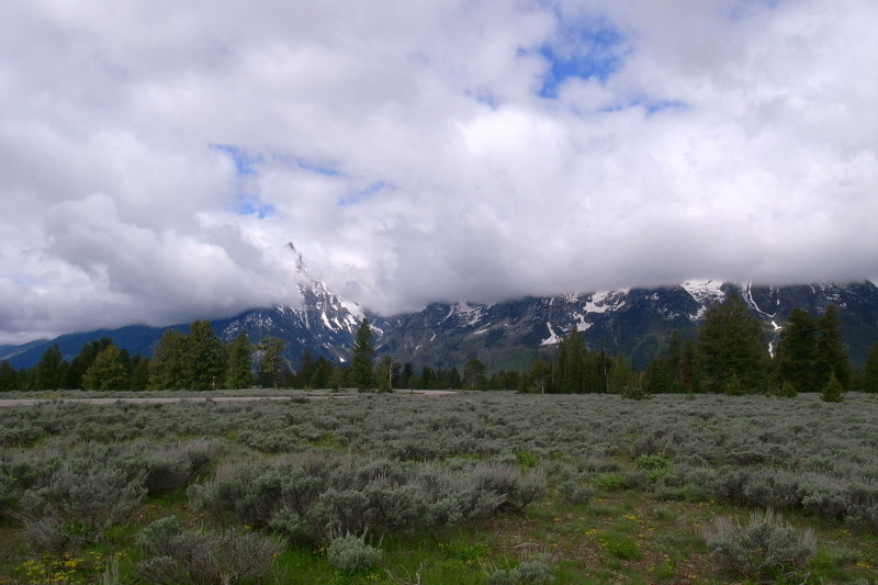 The Tetons, clouded-in