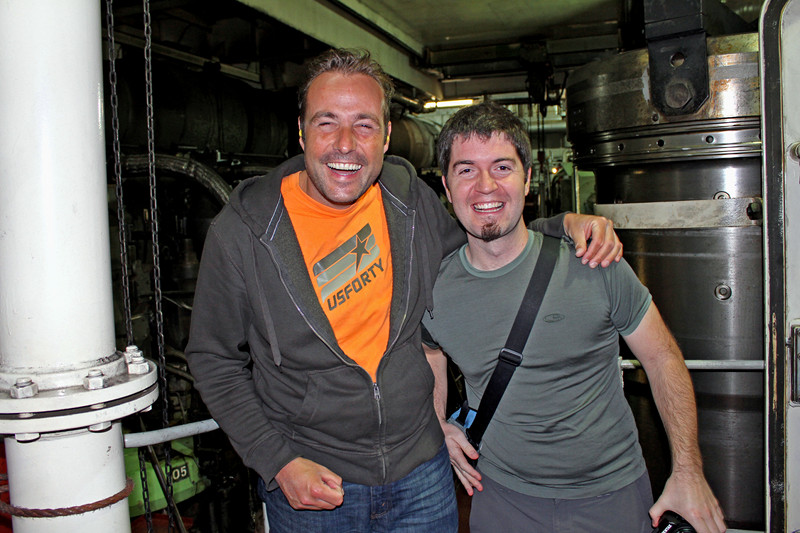 Björn Stack and Justin Watt in the Hanjin Palermo's engine room