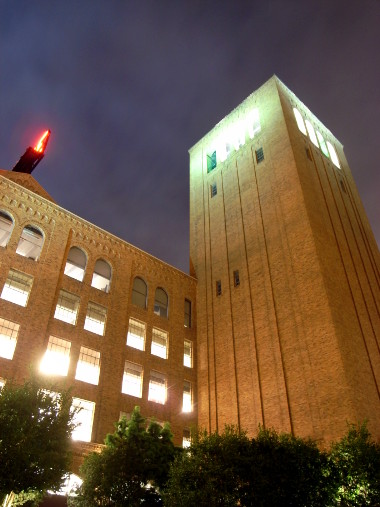 The Hills Bros. Coffee building's tower at night