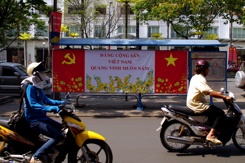 Communist billboard in Ho Chi Minh City, Vietnam during Tết Festival 2011