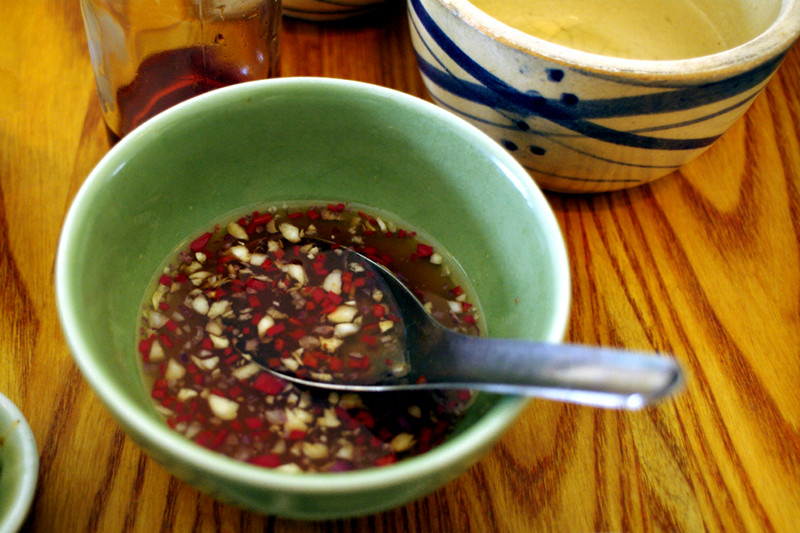 The fish sauce dip with shallots for the banana blossom salad dressing