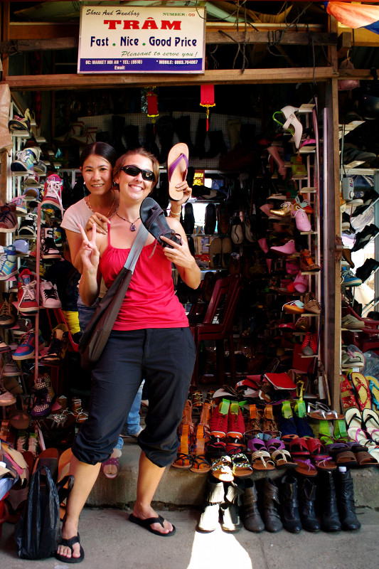 Stephanie showing off the leather sandals she had made at Tram in Hội An, Vietnam