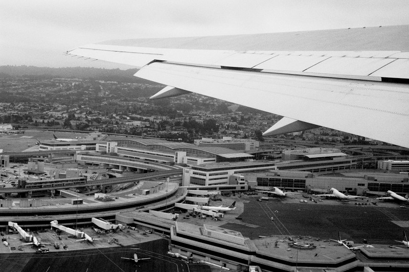 Black and white photo taken in the air above SFO