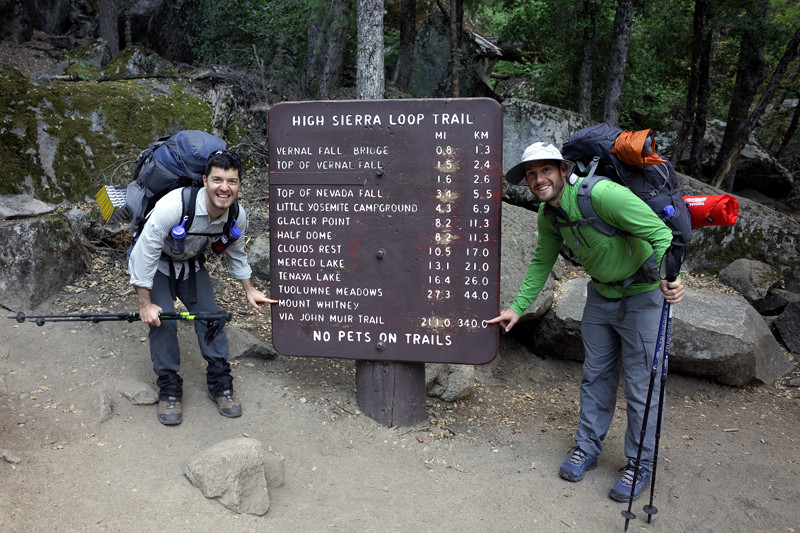 Justin and Matthew at the start of the JMT, posing in front of the High Sierra Loop Trail Sign