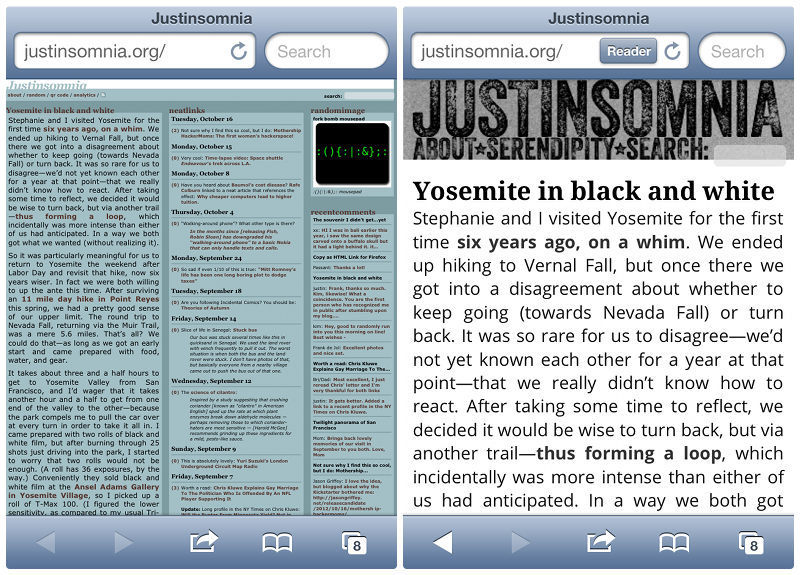 Justinsomnia iPhone screenshot before and after response web redesign