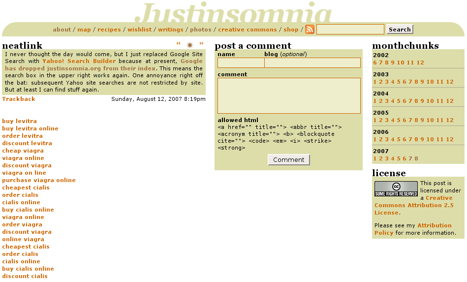 Justinsomnia with spam links