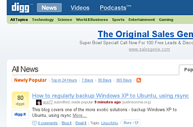 Screenshot of Justinsomnia post on Windows rsync backup to Ubuntu at the top of Digg