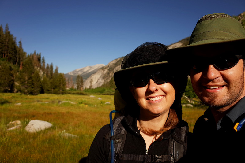 Stephanie and Justin in the early morning light on the Rae Lakes Loop in Kings Canyon National Park