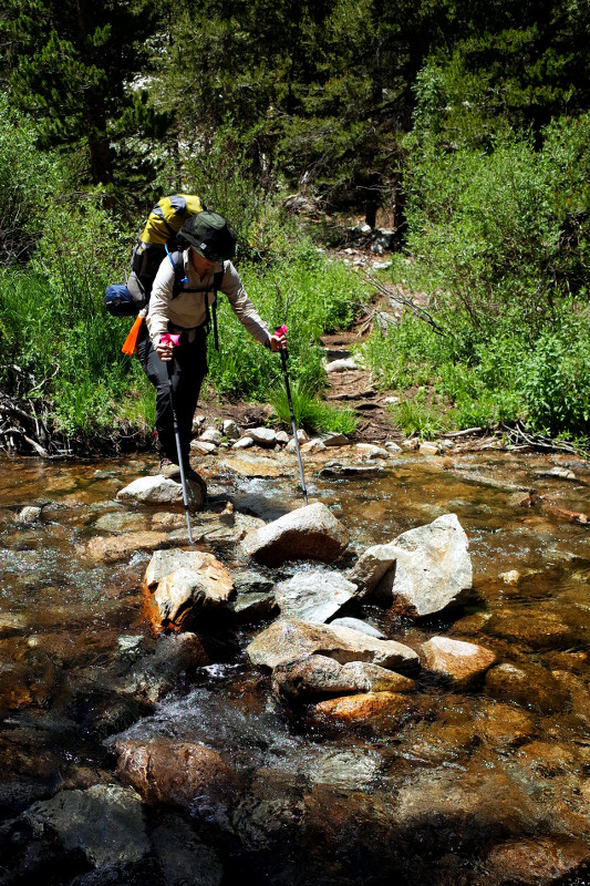 Stephanie at a stream crossing on the Rae Lakes Loop in Kings Canyon National Park