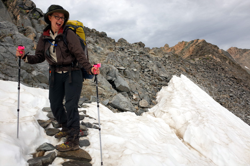 Stephanie on what remained of the snowfield, just before the top of Glen Pass on the Rae Lakes Loop in Kings Canyon National Park