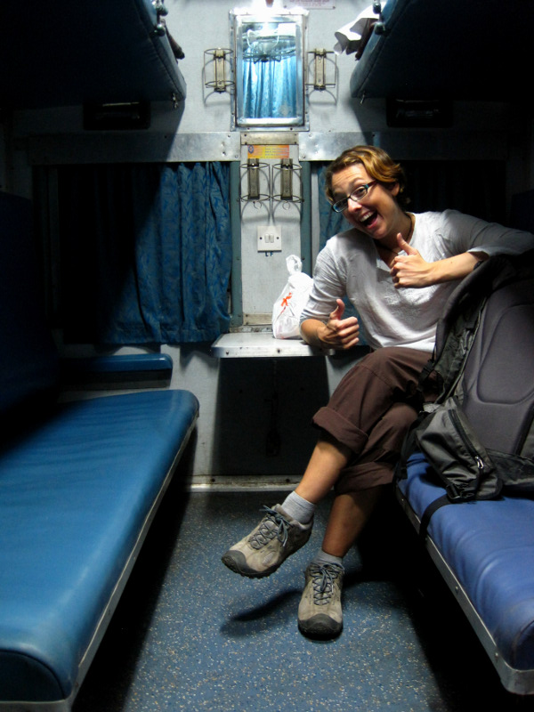 Stephanie gives the thumbs up in our 2AC train compartment from Kolkata to Mughal Sarai (near Varanasi)