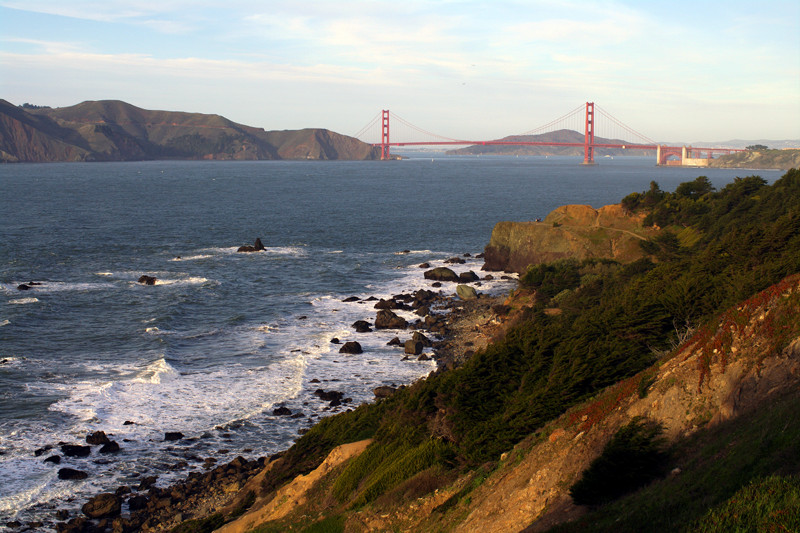 Looking back at the Golden Gate Bridge from the Coastal Trail in Land's End, San Francisco