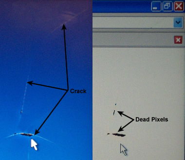 photo of laptop crack and dead pixels