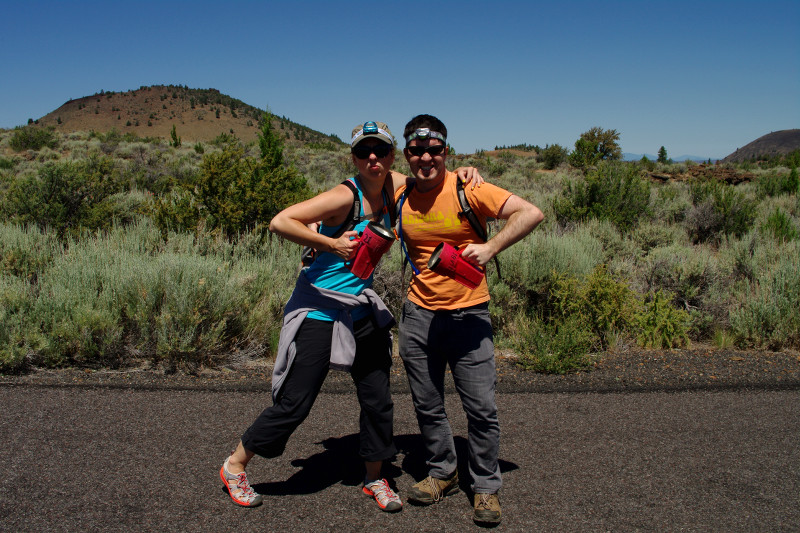 Stephanie and Justin posting with caving gear at Lava Beds National Park