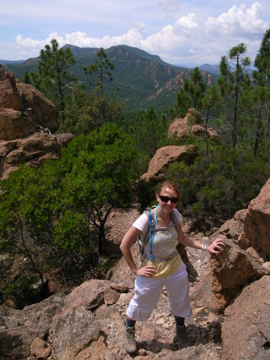 Stephanie hiking on Rocher des Monges