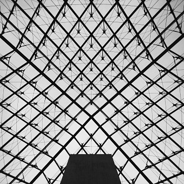 Inside/beneath one of the glass pyramids