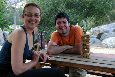 Stephanie and Justin relaxing with Jenga after a long day of rafting