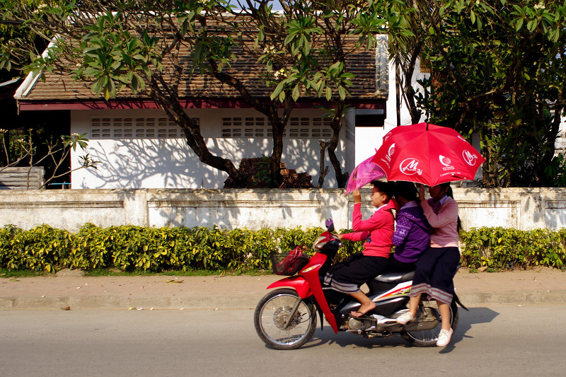 Riding a scooter with an umbrella in Luang Prabang, Laos