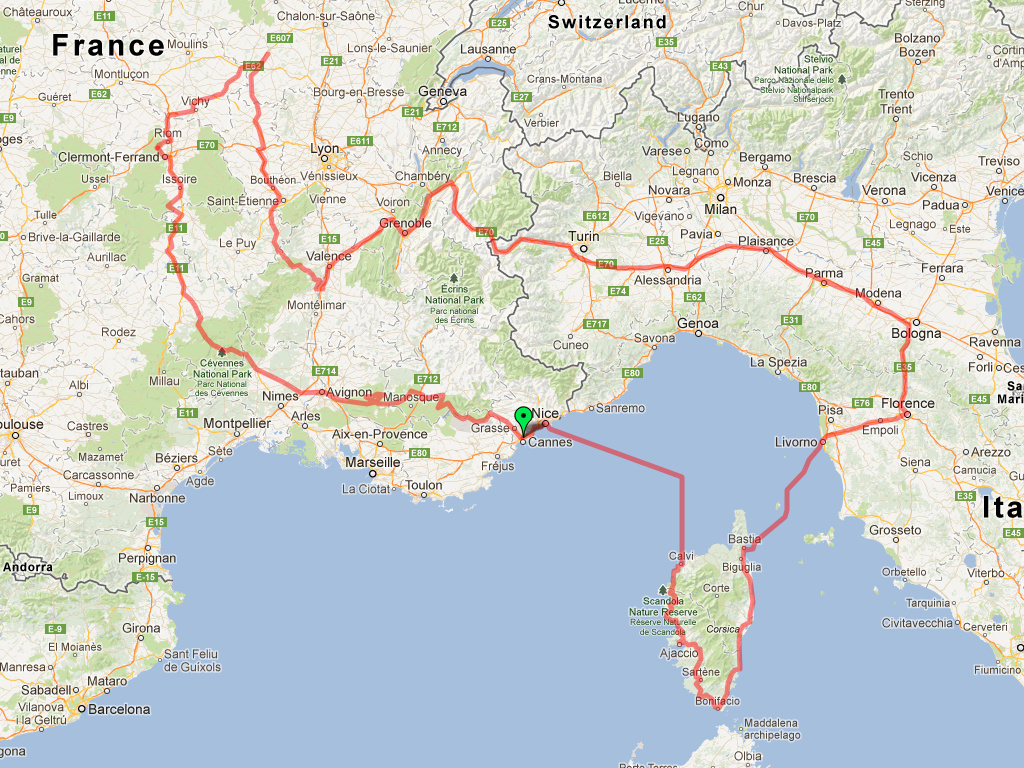 Map of our route around Corsica, Italy, and France