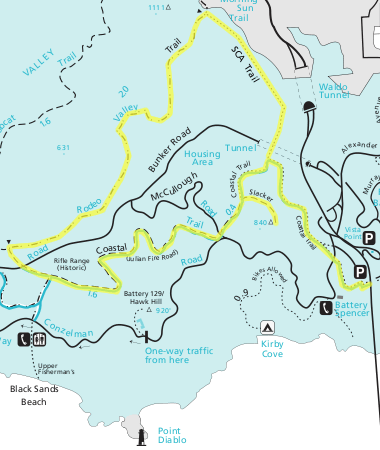 Marin Headlands trailmap, outlining the Coastal Trail, The Rodeo Valley Trail, and the SCA Trail