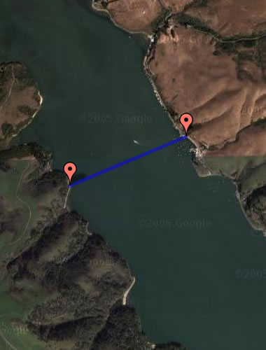 Map of route from Marshall, CA to Point Reyes by kayak