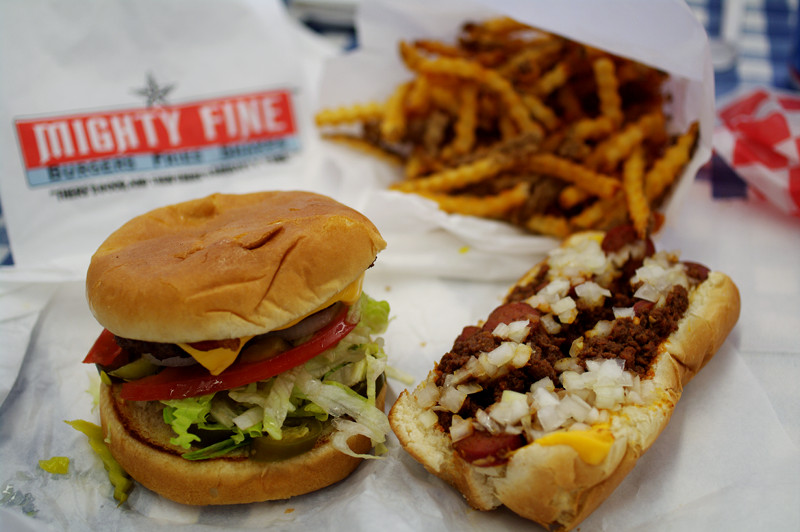 Mighty Fine Jr. Bacon Cheeseburger, Chopped Chili Cheese Dog, and Fresh-Cut Crinkle Fries