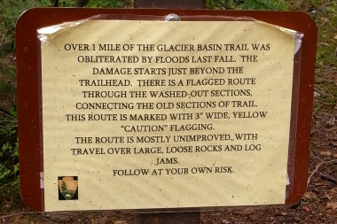 Glacier Basin warning sign, in Mt. Rainier National Park