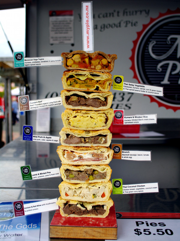 A cutaway of several gourmet New Zealand meat pies