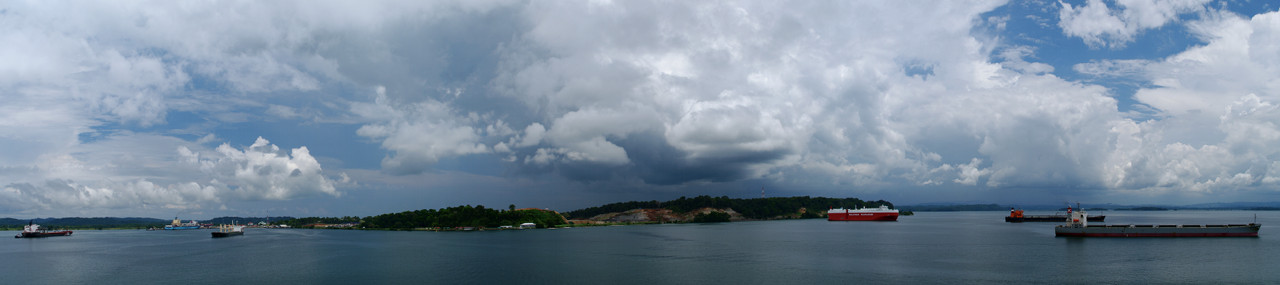 Panorama from our anchorage in Gatun Lake, looking toward the excavation to create a larger lock (aka the third lane lock project)