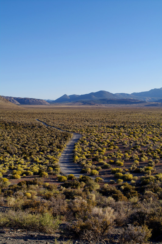 Long shadows across the road, as seen from Panum Crater near Mono Lake