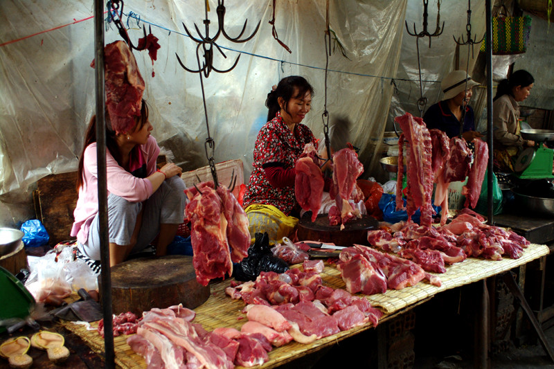 Meat for sale at market in Phnom Penh, Cambodia