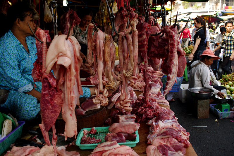 Meat for sale at market in Phnom Penh, Cambodia