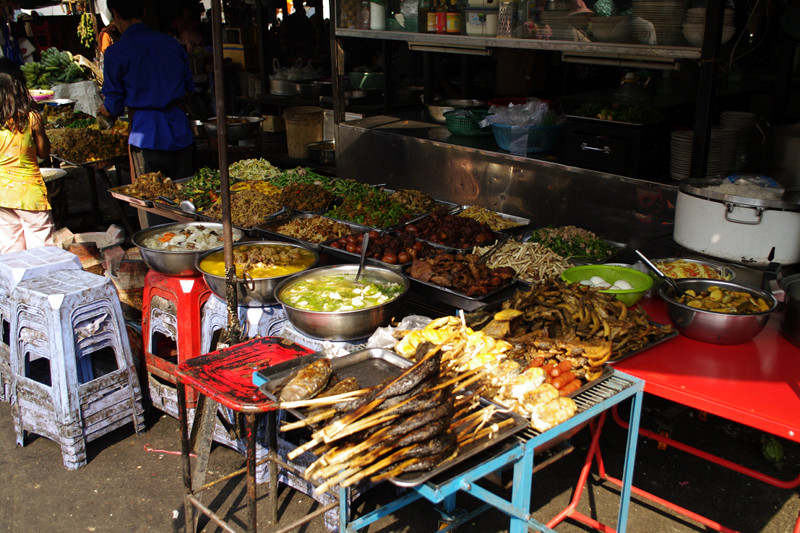 Prepared food for sale at market in Phnom Penh, Cambodia