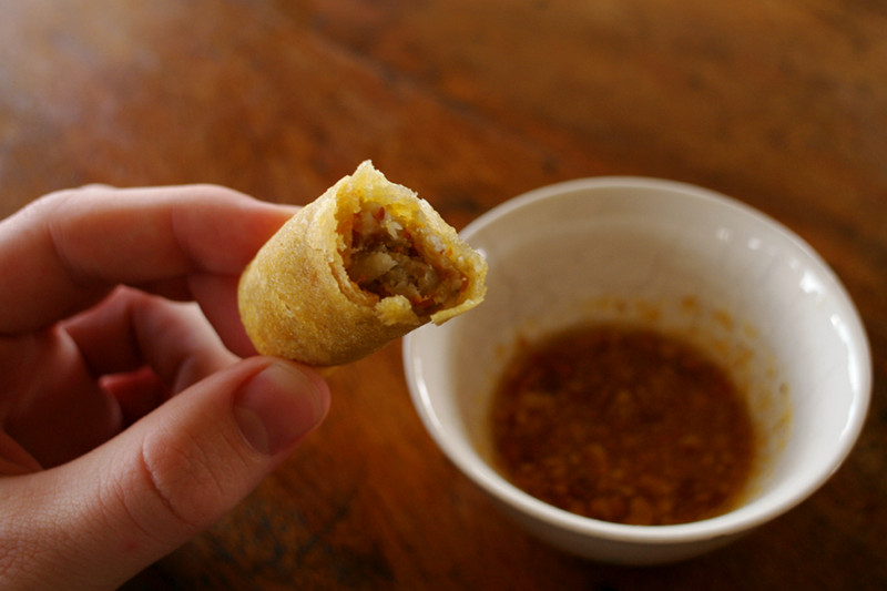 Half-eaten spring roll and dipping sauce