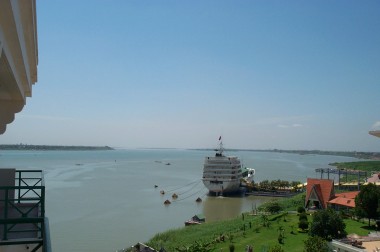 view from my hotel room balcony of the naga floating casino on the confluence of the tonle sap and mekong rivers