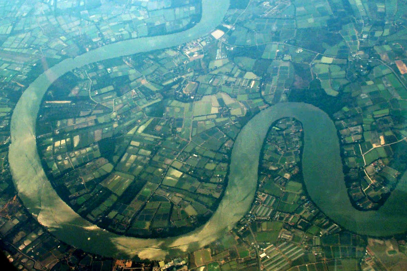 View of outlying Bangkok from the air (Bang Pakong River near Bang Krut)