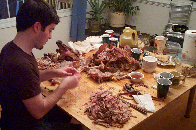 picking apart the remains of the pig
