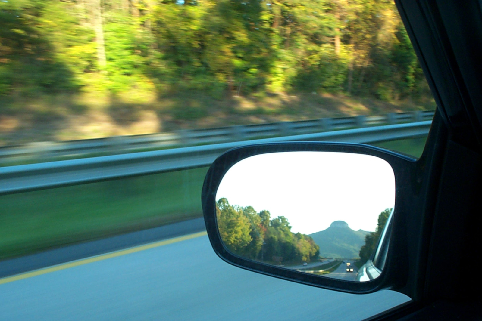 picture of pilot mountain in my rear view mirror