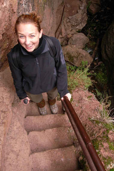 Stephanie on a staircase at Pinnacles National Monument