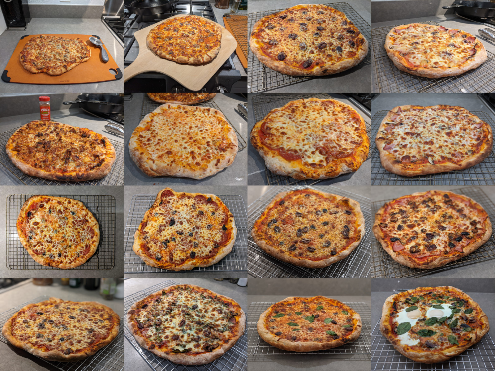 Collage of 16 pizzas made between January and May 2021